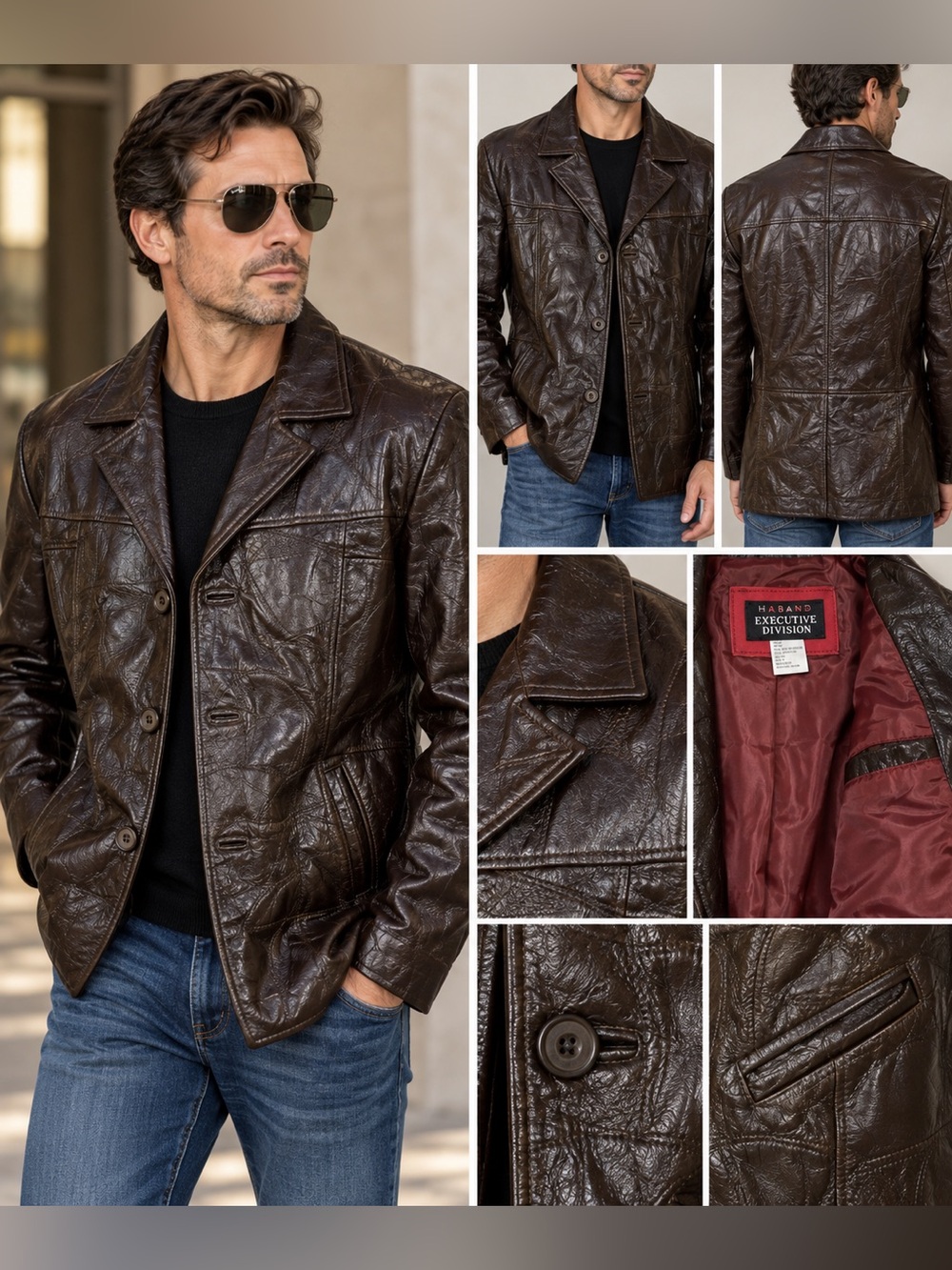 Haband Men’s L Brown Genuine Leather Patchwork Blazer Jacket Executive Division